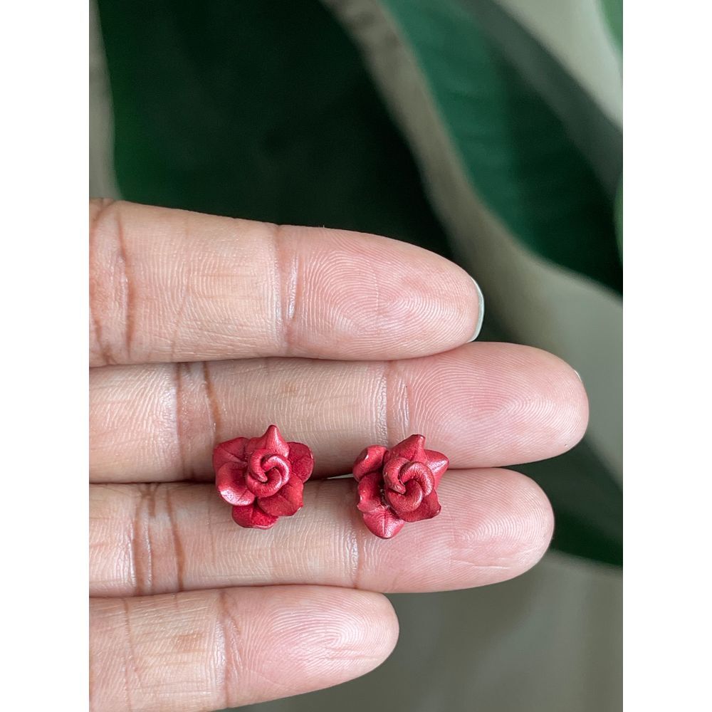 Handcrafted Leather Red Rose Stud Earrings Romantic Floral Statement Jewelry